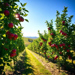 A serene scene featuring a flourishing apple tree in a sunlit orchard