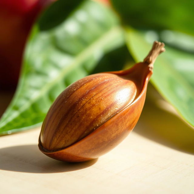 A detailed close-up of an apple seed, showing its smooth, glossy surface and rich brown color