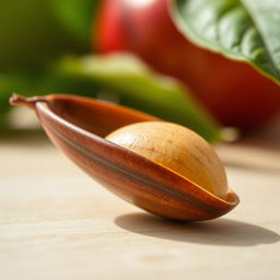 A detailed close-up of an apple seed, showing its smooth, glossy surface and rich brown color