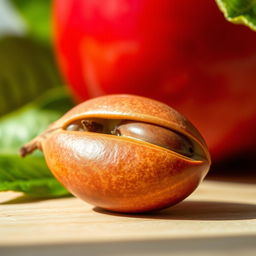 A detailed close-up of an apple seed, showing its smooth, glossy surface and rich brown color