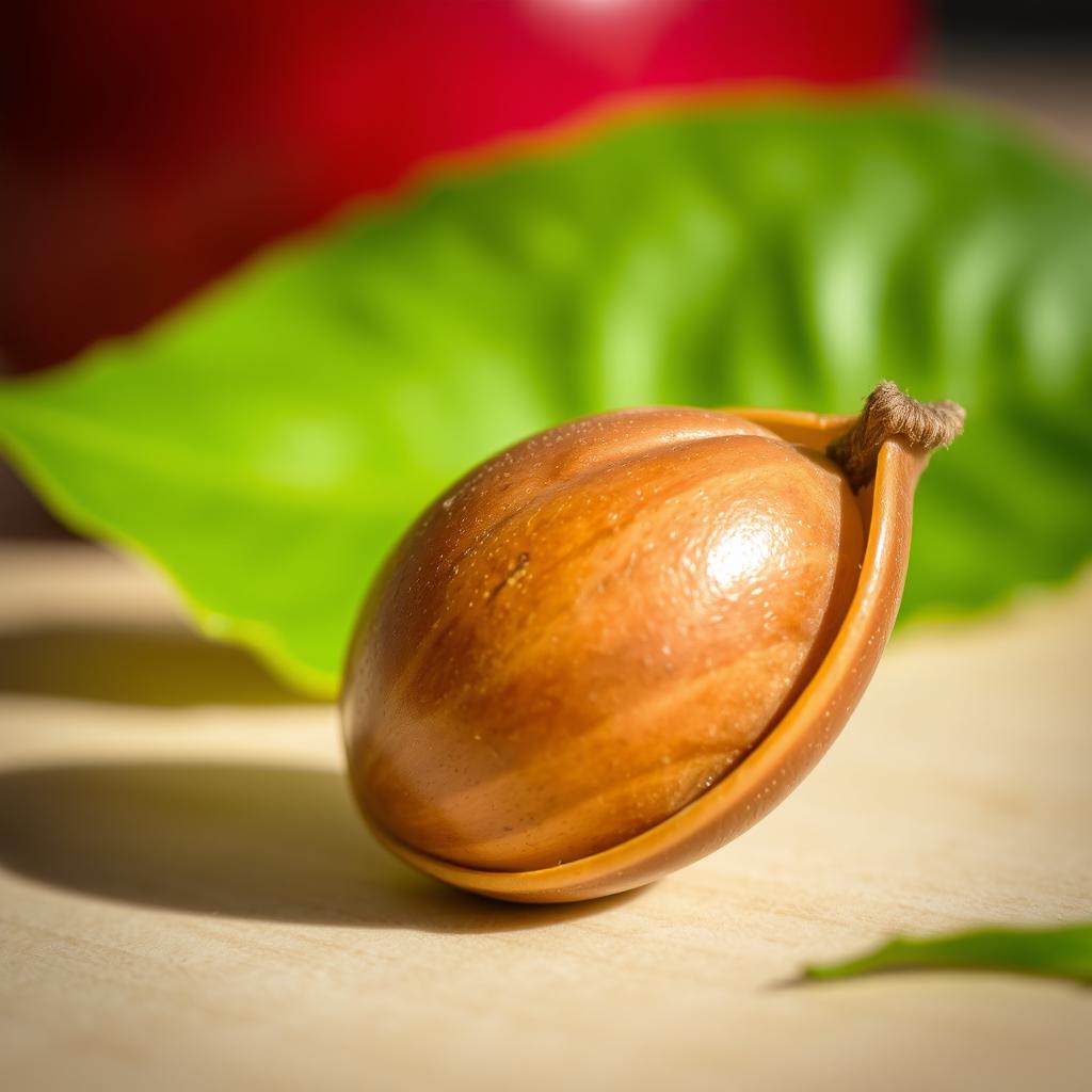 A detailed close-up of an apple seed, showing its smooth, glossy surface and rich brown color