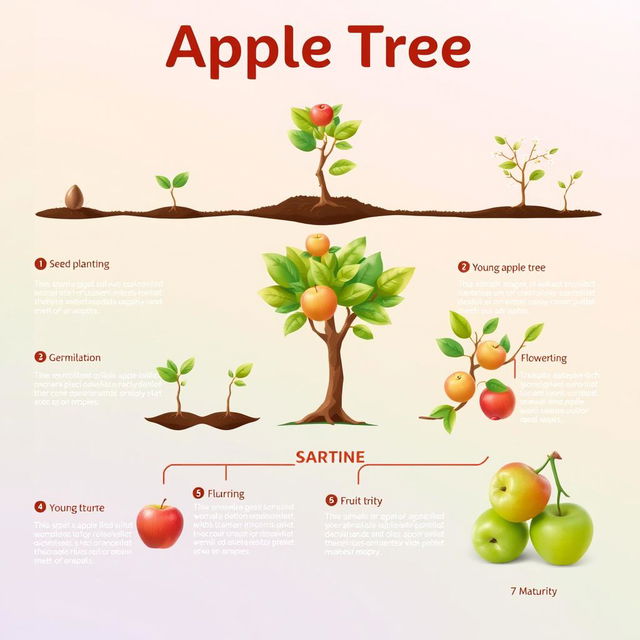 A detailed infographic illustrating the various growth stages of an apple tree, starting from seed germination to fruit maturation