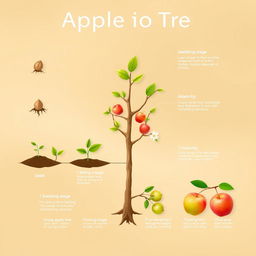 A detailed infographic illustrating the various growth stages of an apple tree, starting from seed germination to fruit maturation
