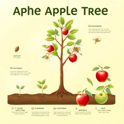 A detailed infographic illustrating the various growth stages of an apple tree, starting from seed germination to fruit maturation