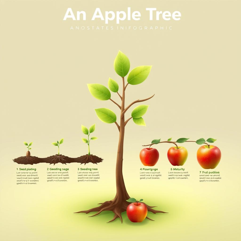 A detailed infographic illustrating the various growth stages of an apple tree, starting from seed germination to fruit maturation