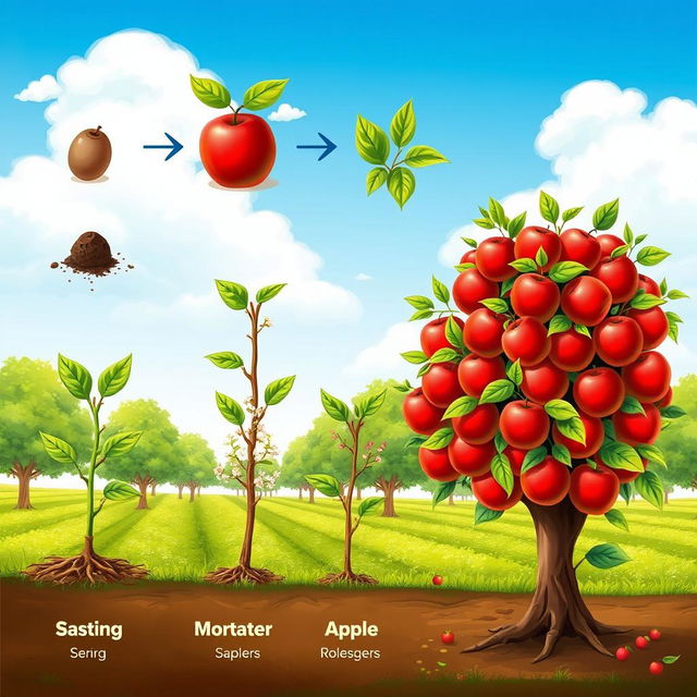 A detailed illustration showing the growth stages of an apple tree