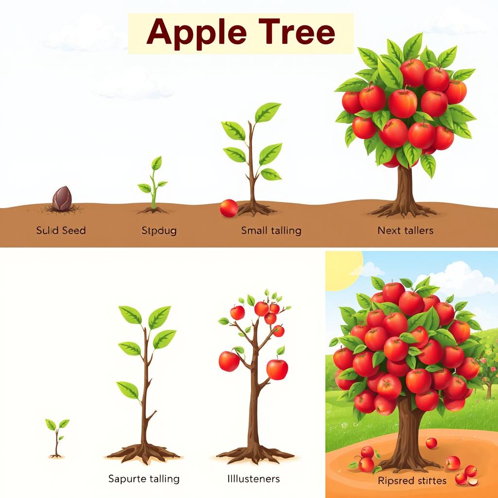 A detailed illustration showing the growth stages of an apple tree