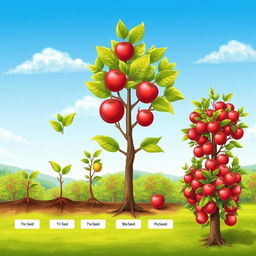 A detailed illustration showing the growth stages of an apple tree