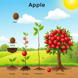 A detailed illustration showing the growth stages of an apple tree
