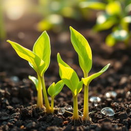 A close-up, vibrant image of healthy apple seedlings sprouting from rich, dark soil