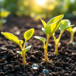 A close-up, vibrant image of healthy apple seedlings sprouting from rich, dark soil