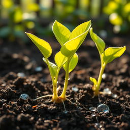 A close-up, vibrant image of healthy apple seedlings sprouting from rich, dark soil