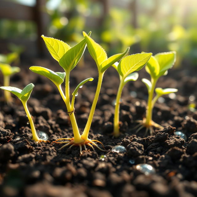 A close-up, vibrant image of healthy apple seedlings sprouting from rich, dark soil