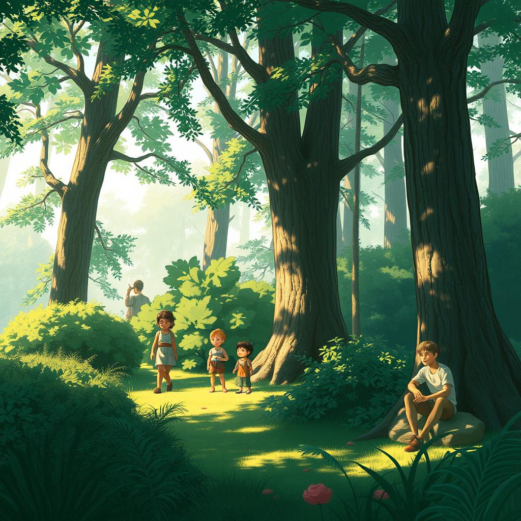 An educational illustration demonstrating the rendering techniques of light and shadow in character drawing, featuring a variety of characters integrated into a lush forest setting