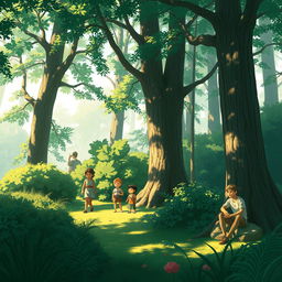 An educational illustration demonstrating the rendering techniques of light and shadow in character drawing, featuring a variety of characters integrated into a lush forest setting