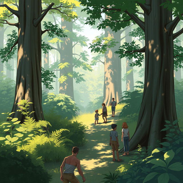 An educational illustration demonstrating the rendering techniques of light and shadow in character drawing, featuring a variety of characters integrated into a lush forest setting