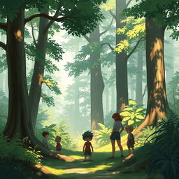 An educational illustration demonstrating the rendering techniques of light and shadow in character drawing, featuring a variety of characters integrated into a lush forest setting