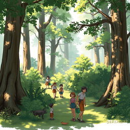 An educational illustration demonstrating the rendering techniques of light and shadow in character drawing, featuring a variety of characters integrated into a lush forest setting