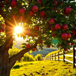 A lush apple tree laden with ripe, red apples, set in a picturesque orchard during the golden hour of sunset