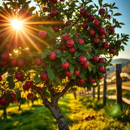 A lush apple tree laden with ripe, red apples, set in a picturesque orchard during the golden hour of sunset