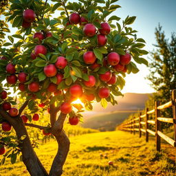 A lush apple tree laden with ripe, red apples, set in a picturesque orchard during the golden hour of sunset