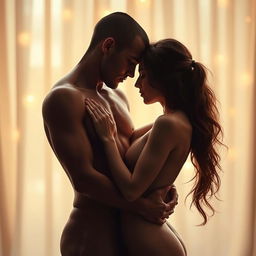 A sensual and artistic depiction of a nude man and woman entwined in an affectionate pose