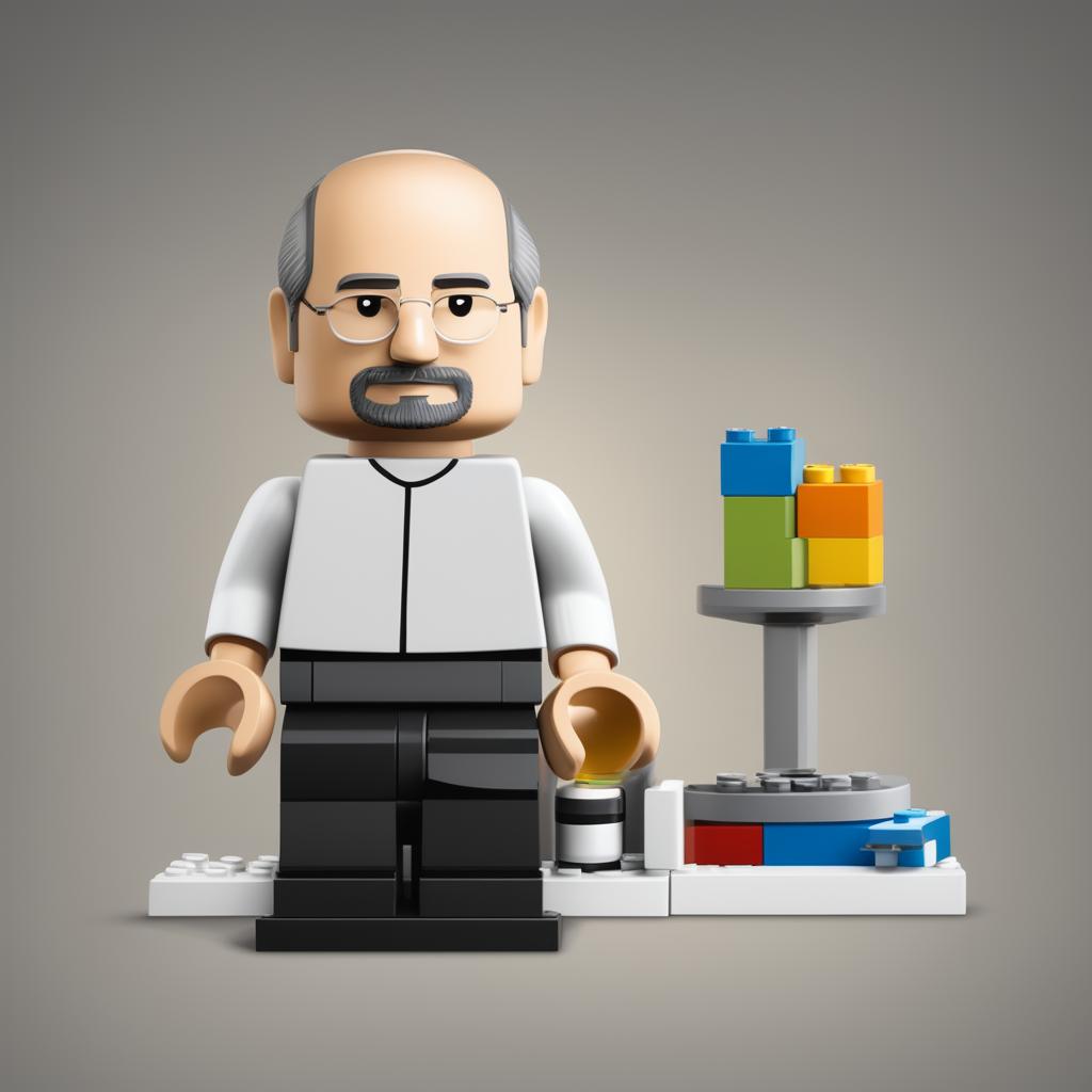 A high-quality digital art image depicting Steve Jobs as a Lego character