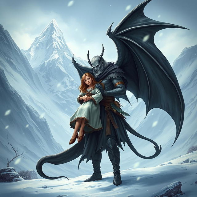 A stunning fantasy scene set in snowy mountains, featuring a handsome grey-skinned man with majestic bat wings and a long, elegant tail