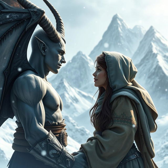 An enchanting fantasy scene depicting a handsome grey-skinned man with magnificent bat wings and prominent horns, gazing lovingly at a beautiful peasant girl in a snowy mountain setting