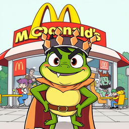 A cartoon-style illustration of King Wart, also known as Mamu, standing in front of a McDonald's restaurant