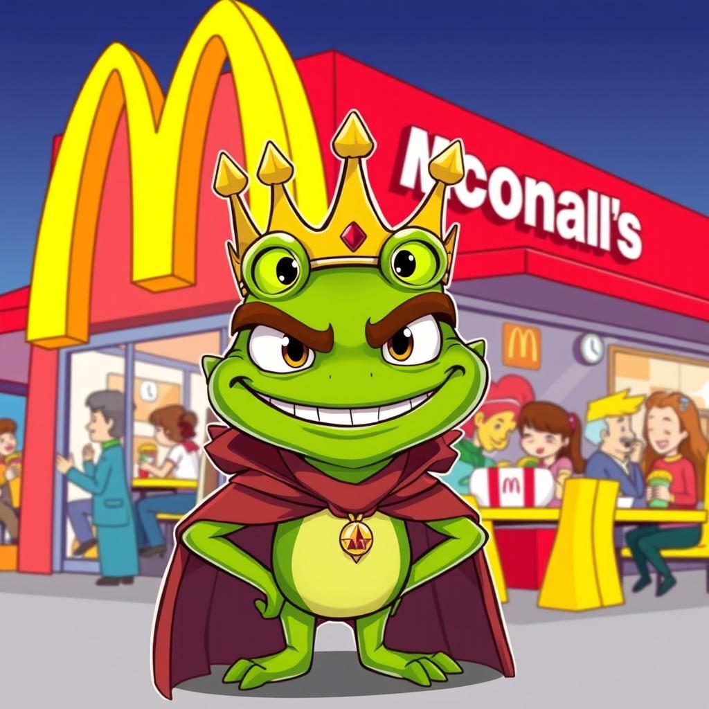 A cartoon-style illustration of King Wart, also known as Mamu, standing in front of a McDonald's restaurant