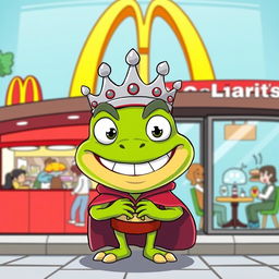 A cartoon-style illustration of King Wart, also known as Mamu, standing in front of a McDonald's restaurant