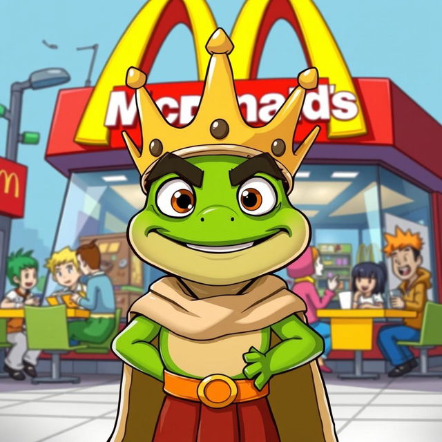 A cartoon-style illustration of King Wart, also known as Mamu, standing in front of a McDonald's restaurant