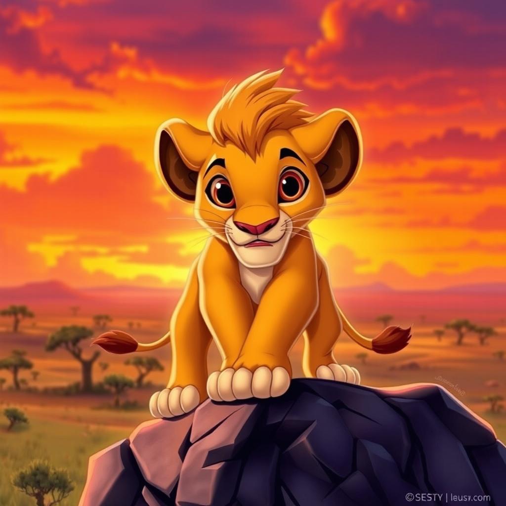 A majestic depiction of Simba from The Lion King, showcasing his golden fur and expressive big eyes