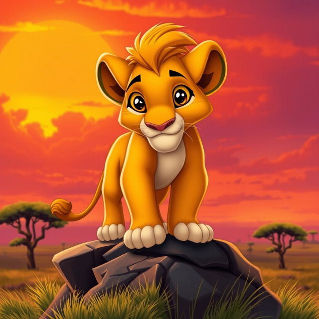 A majestic depiction of Simba from The Lion King, showcasing his golden fur and expressive big eyes