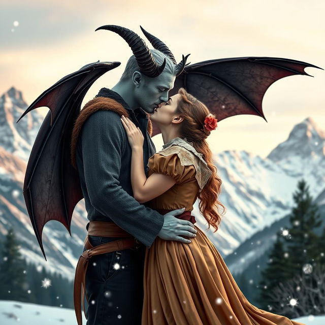 A romantic novel cover depicting a handsome and attractive grey man with striking bat wings and prominent horns, passionately kissing a beautiful peasant woman