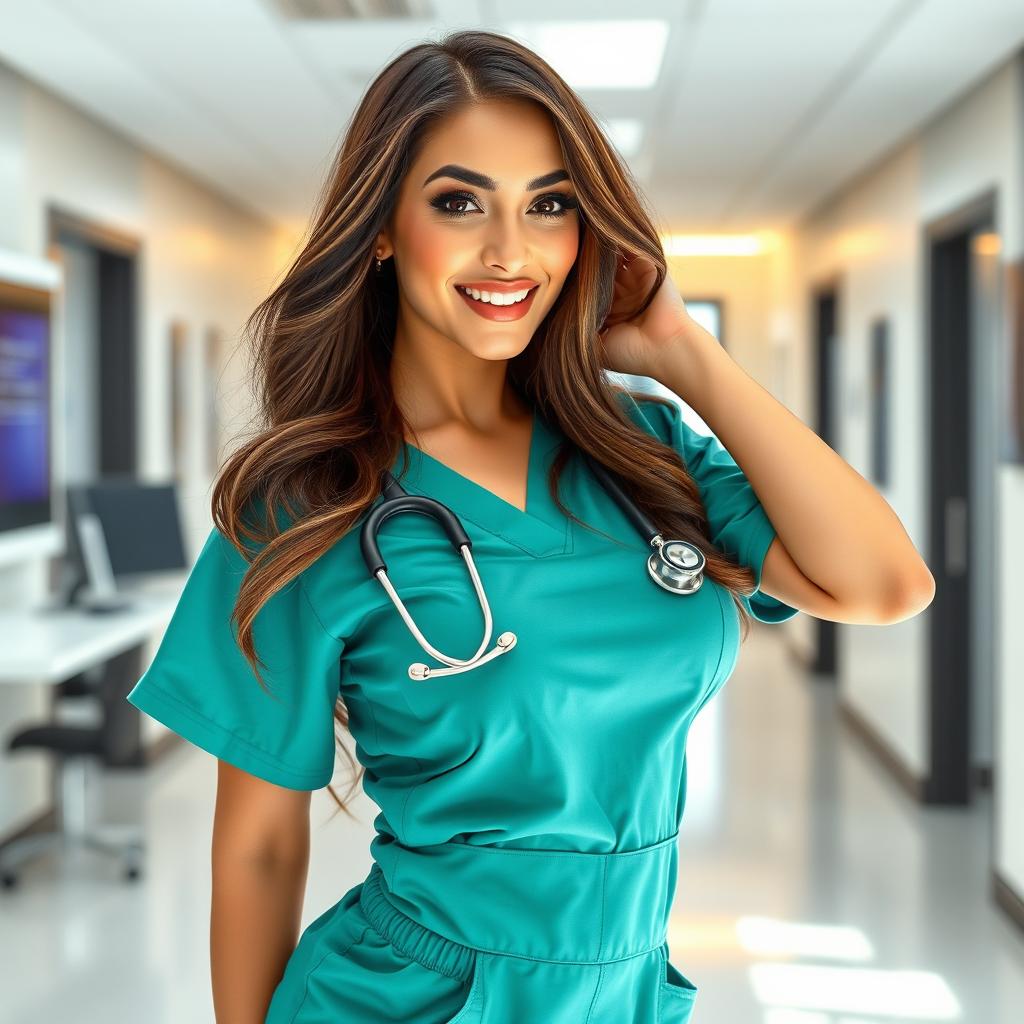 A beautiful Middle Eastern woman with very large breasts and a slim body, dressed in a provocative medical outfit, playfully alluring and flirtatious, with long flowing hair, captivating eyes, and a confident smile