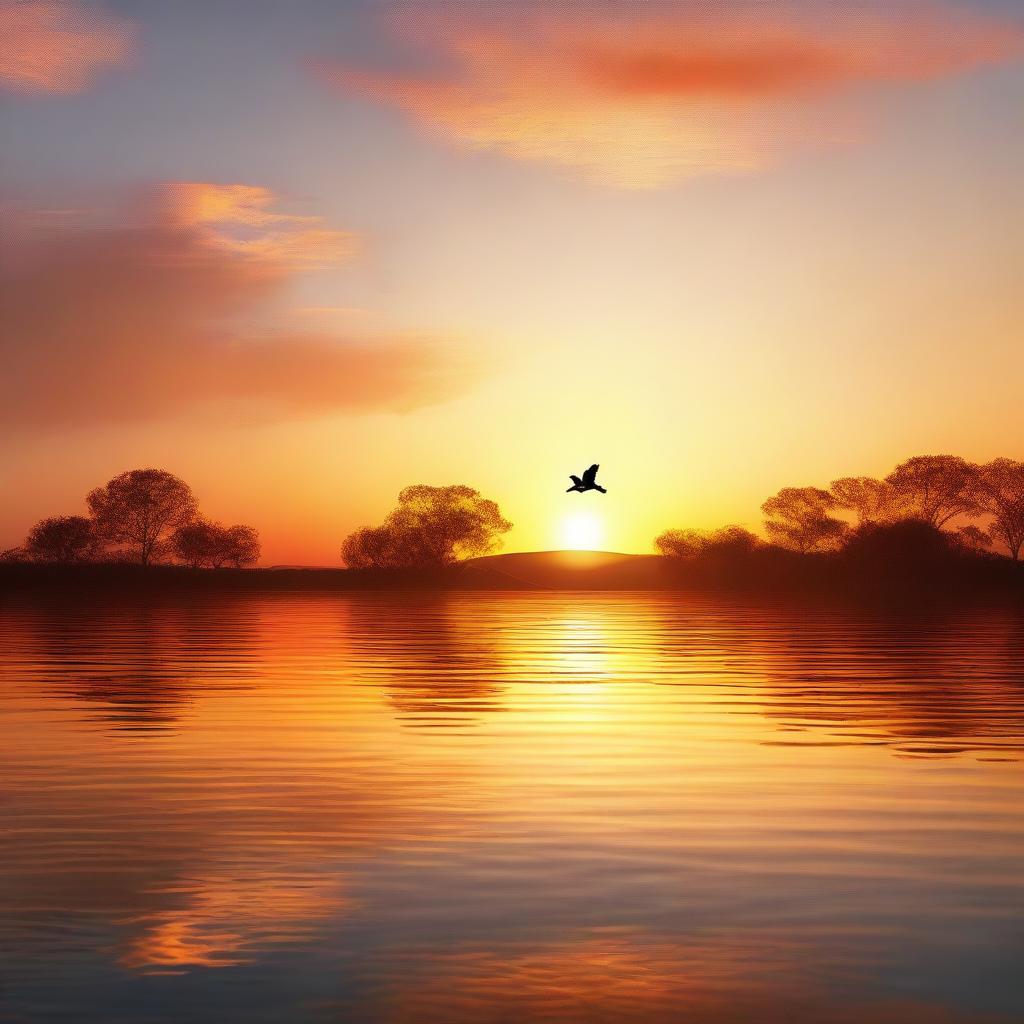 An image of a serene scene at sunset, showcasing a grand dam holding a vast water field