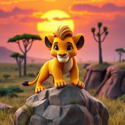 A stunning 3D rendering of Simba from The Lion King, showcasing his iconic golden fur and large, expressive eyes