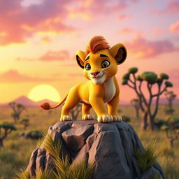 A stunning 3D rendering of Simba from The Lion King, showcasing his iconic golden fur and large, expressive eyes