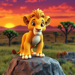 A stunning 3D rendering of Simba from The Lion King, showcasing his iconic golden fur and large, expressive eyes