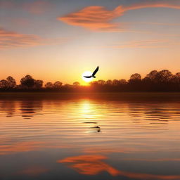 An image of a serene scene at sunset, showcasing a grand dam holding a vast water field