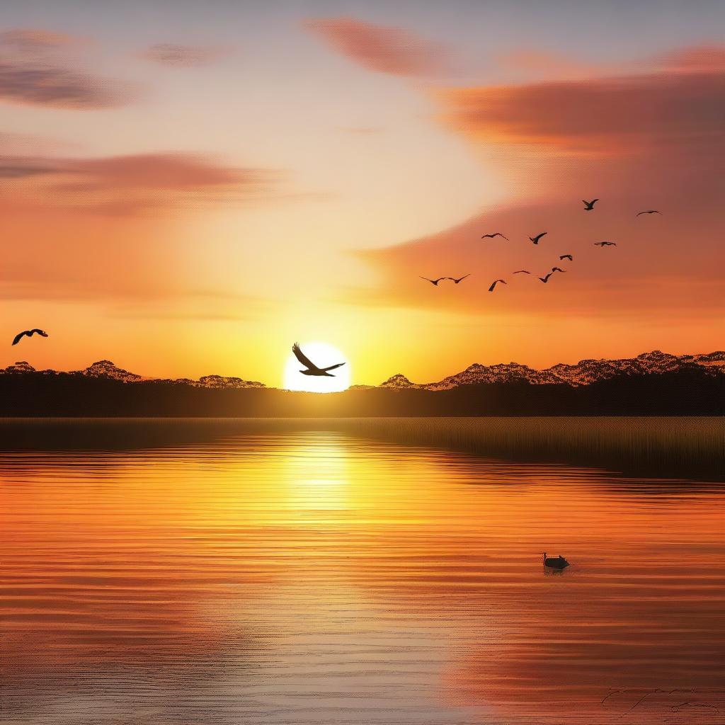 An image of a serene scene at sunset, showcasing a grand dam holding a vast water field