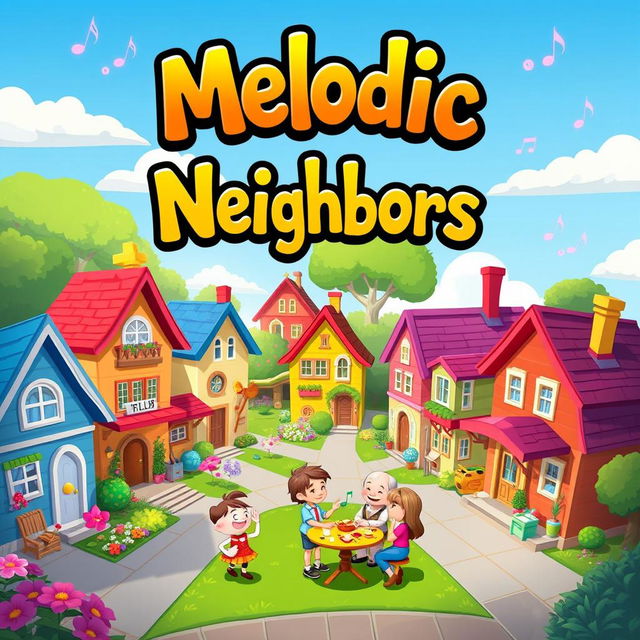 A vibrant and engaging game splash screen for 'Melodic Neighbors', featuring a whimsical neighborhood scene filled with colorful houses and friendly characters