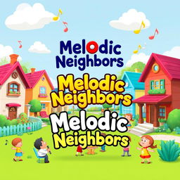 A vibrant and engaging game splash screen for 'Melodic Neighbors', featuring a whimsical neighborhood scene filled with colorful houses and friendly characters
