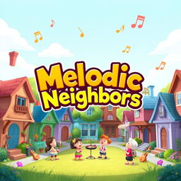A vibrant and engaging game splash screen for 'Melodic Neighbors', featuring a whimsical neighborhood scene filled with colorful houses and friendly characters