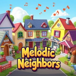 A vibrant and engaging game splash screen for 'Melodic Neighbors', featuring a whimsical neighborhood scene filled with colorful houses and friendly characters
