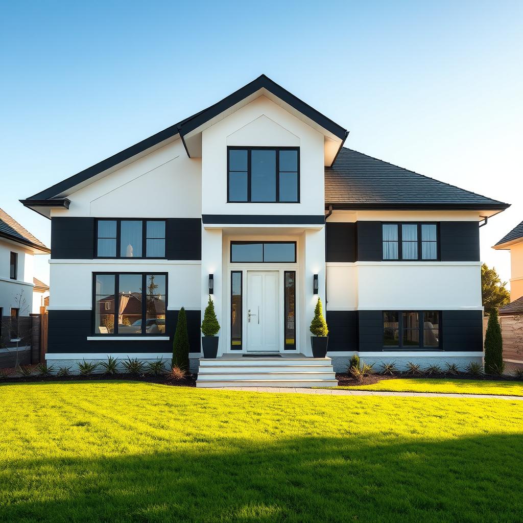 A beautiful house featuring a stunning design with a harmonious color scheme of complementary black and white