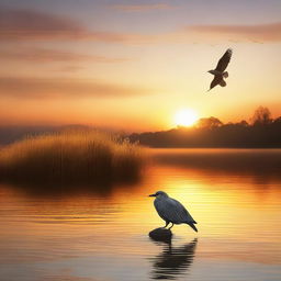 An image of a serene scene at sunset, showcasing a grand dam holding a vast water field