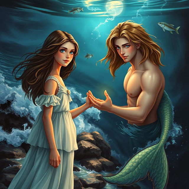 A captivating young adult novel cover featuring a human girl and a male siren, both depicted as young adults with vibrant expressions